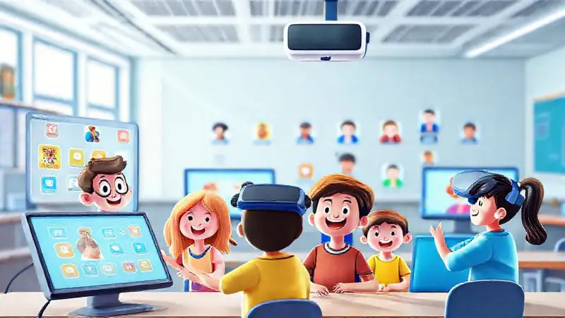 Niños aprenden en aula digital vibrante