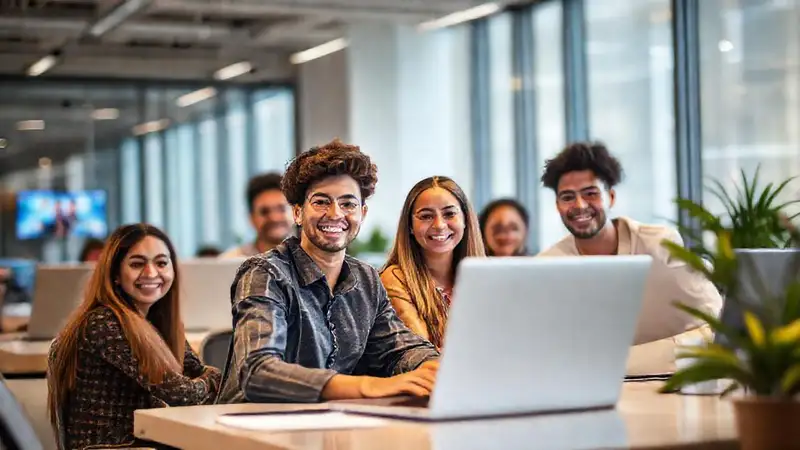 Estudiantes digitales en oficina moderna