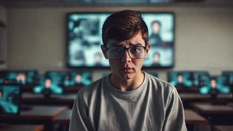 Estudiante solo, pantallas digitales y frustración