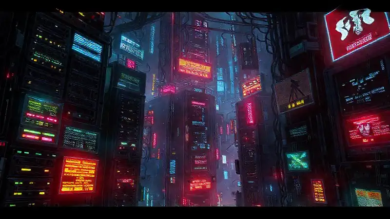 Ciudad cyberpunk oscura y digitalmente perturbada