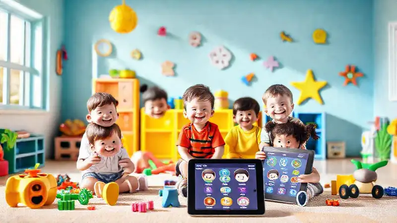 Niños felices aprenden con tecnología brillante