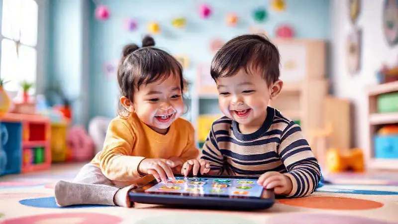 Un niño feliz juega con tablet