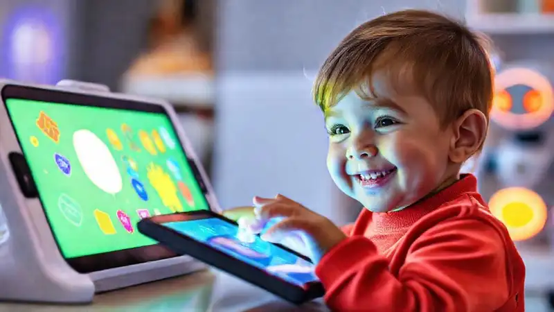Niño feliz aprende en tablet