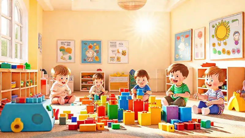 Niños felices juegan en un espacio colorido