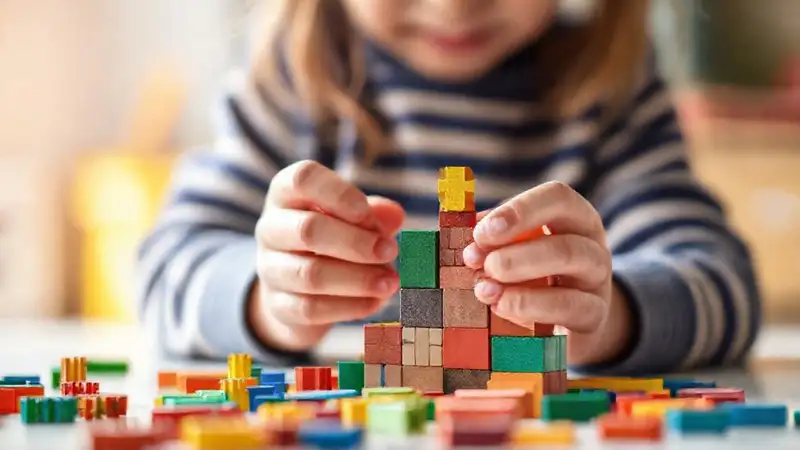 Niños construyen bloques magnéticos de colores