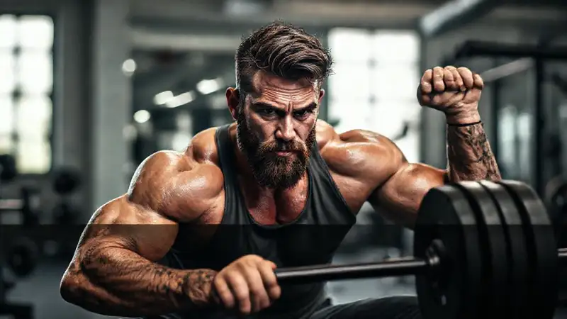 Fuerte atleta levanta pesas con energía