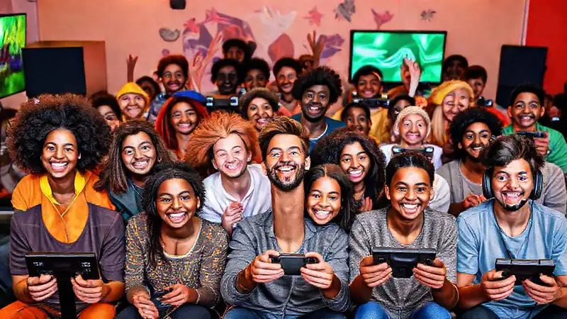 Gamers diversos disfrutan juegos vibrantes e inclusivos