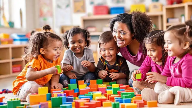 Niños felices aprenden con bloques coloridos