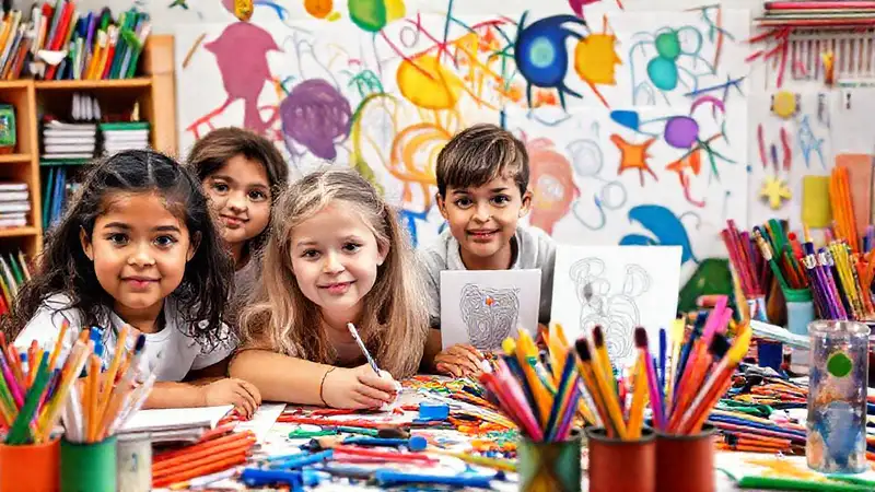 Estudiantes creativos exploran materiales vibrantes