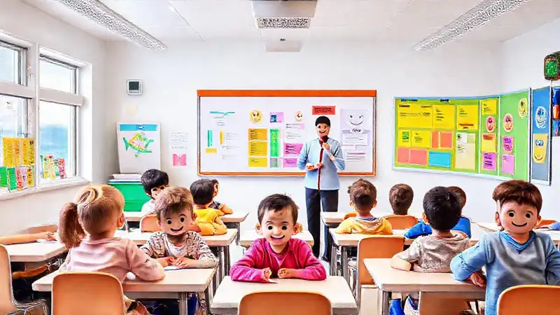 Aula vibrante, estudiantes y maestro felices