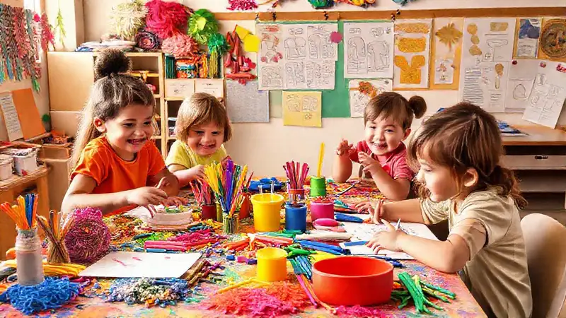 Niños felices crean con materiales coloridos