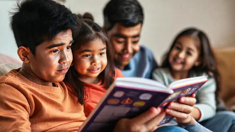 Lectura familiar con tecnología educativa y sonriente
