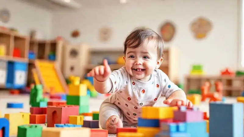 Un niño feliz juega con bloques
