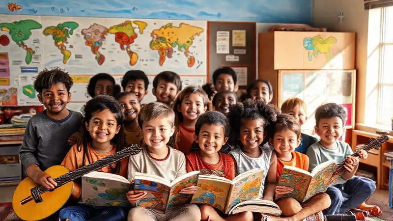 Niños felices aprenden en un espacio vibrante