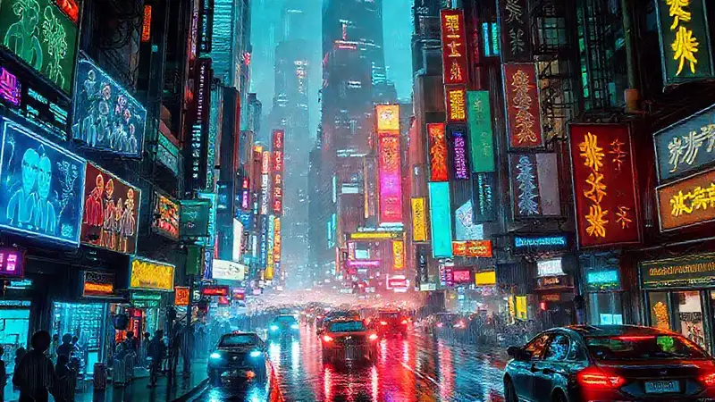 Ciudad cyberpunk vibrante y caótica