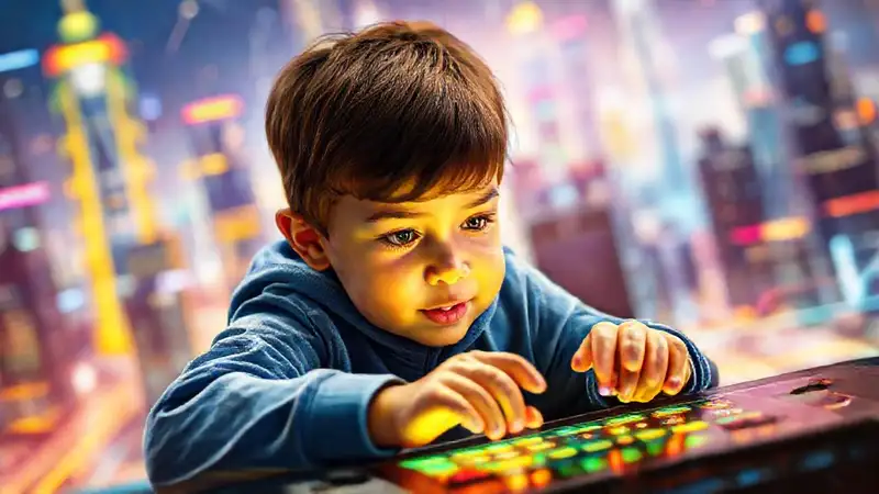 Niño enfocado juega futuro digitalmente