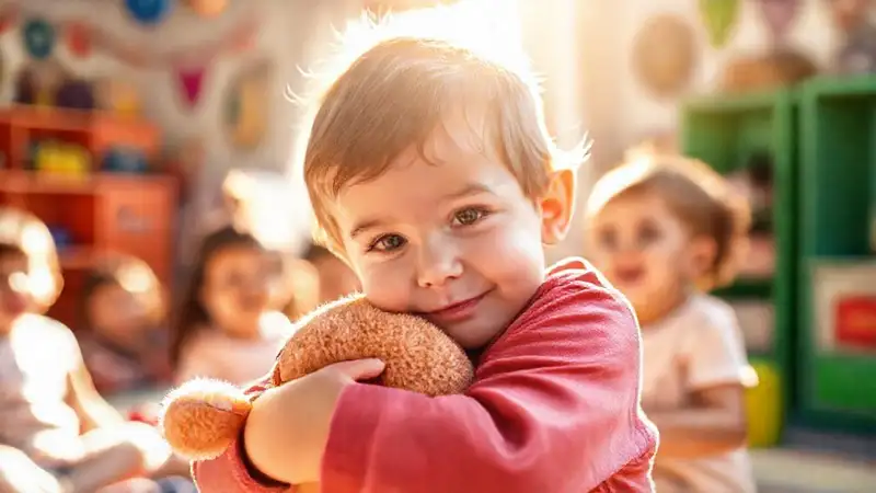 Un niño abraza su osito en luz cálida