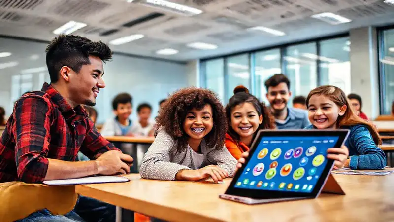 Estudiantes aprenden felices en clase digital