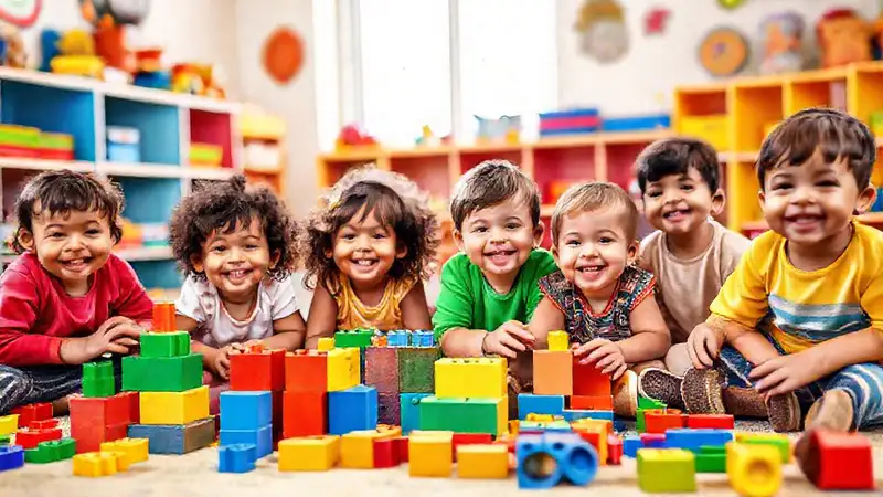 Niños felices construyen en un espacio alegre