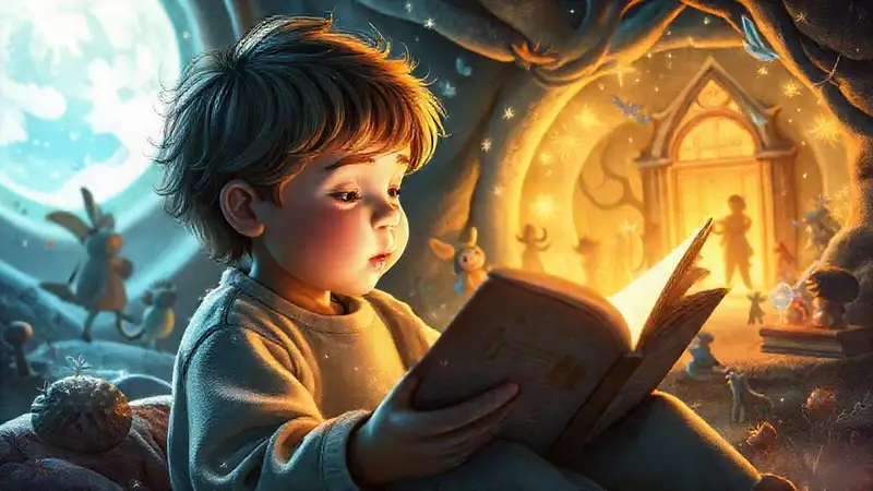 Un niño lee un libro mágico