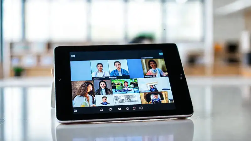 Estudiantes colaboran en tablet digital moderna