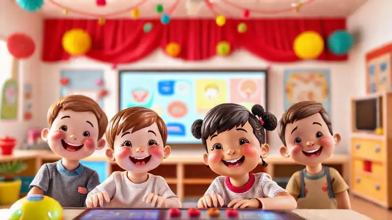 Niños felices aprenden virtualmente con alegría