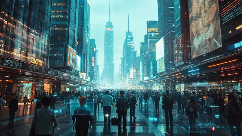Ciudad futurista con interfaces digitales vibrantes