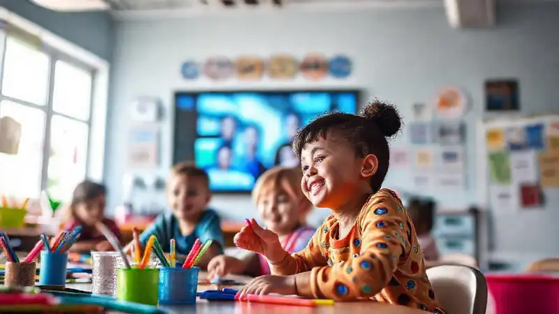 Niños creativos en un aula vibrante