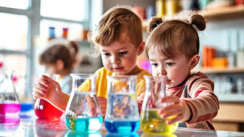 Un niño explora ciencia colorida en laboratorio