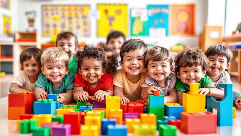 Niños felices aprenden en un aula colorida
