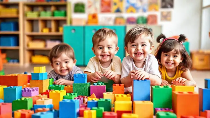 Niños felices aprenden con bloques coloridos