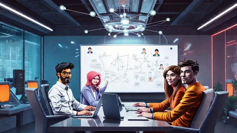 Equipo virtual colabora en un espacio futurista