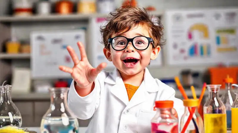 Un niño científico experimenta en laboratorio