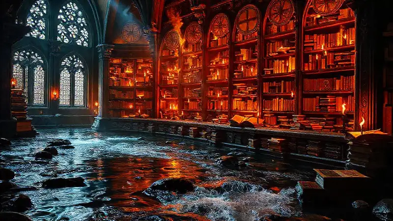 Una biblioteca ardiendo evocaba misterio y calma
