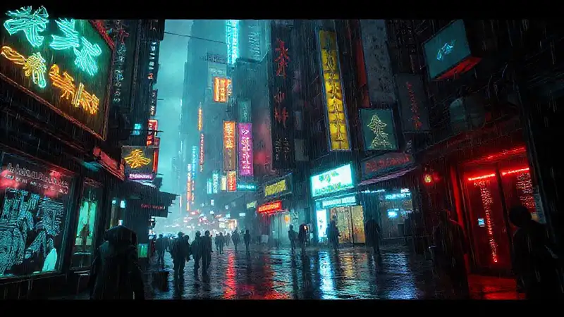 Ciudad cyberpunk, neón, lluvia y sombras