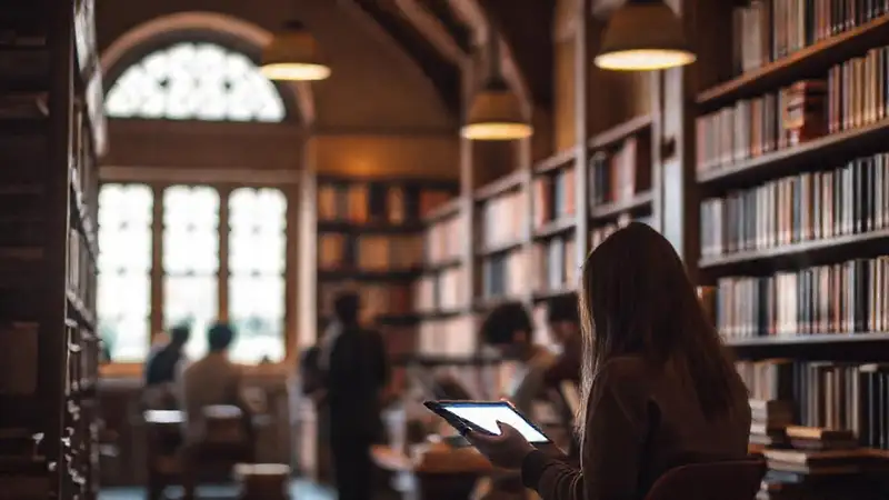 Una biblioteca acogedora, luz cálida y lectura