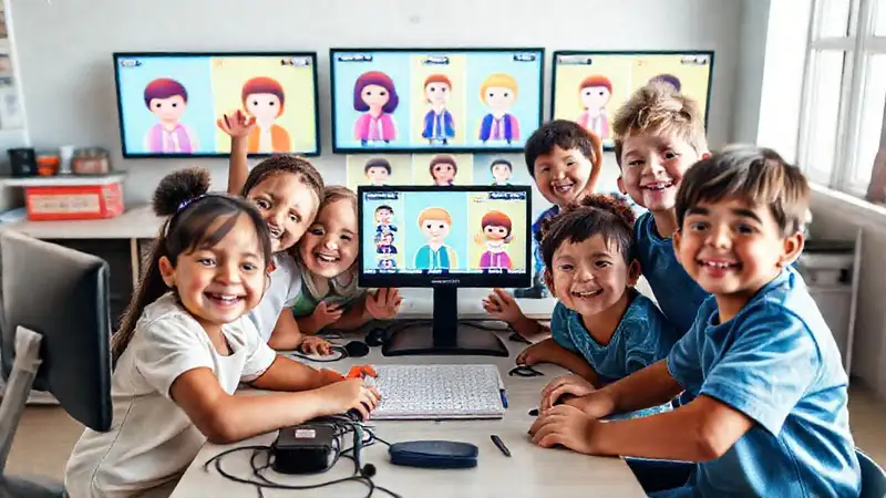 Niños felices aprenden virtualmente y participan