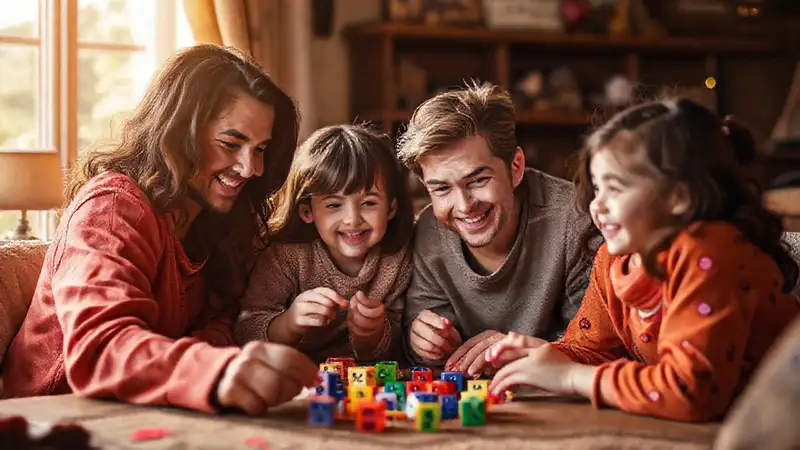Una familia alegre juega con dados