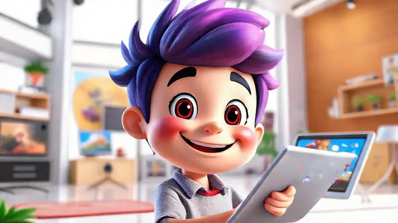 Un personaje animado sonríe en diseño moderno