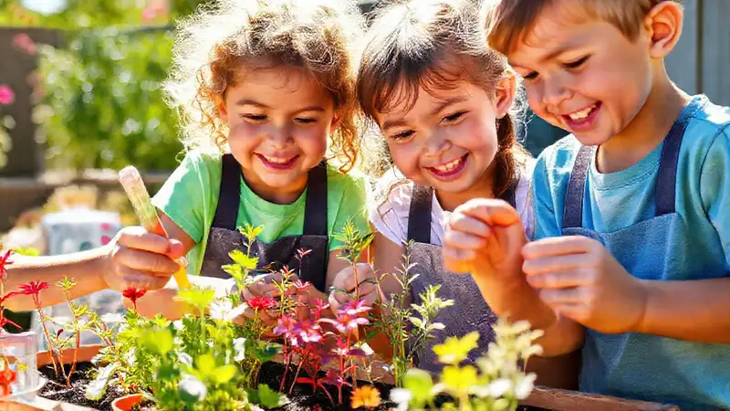 Niños felices exploran la ciencia floral