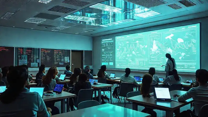 Aula futurista: estudiantes diversos, datos y pedagogía