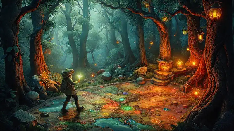 Un niño explora un bosque mágico interactivo