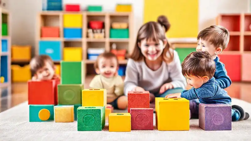 Niños felices aprenden en un aula alegre