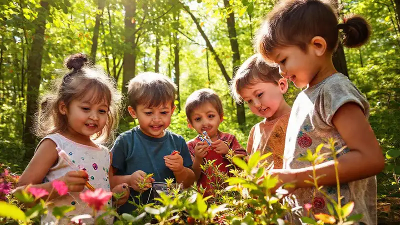 Niños aprenden en bosque colorido