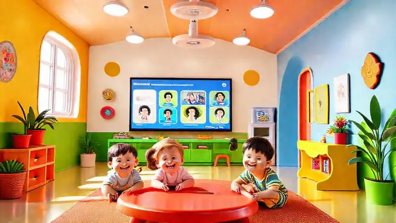 Niños felices aprenden virtualmente en un espacio alegre