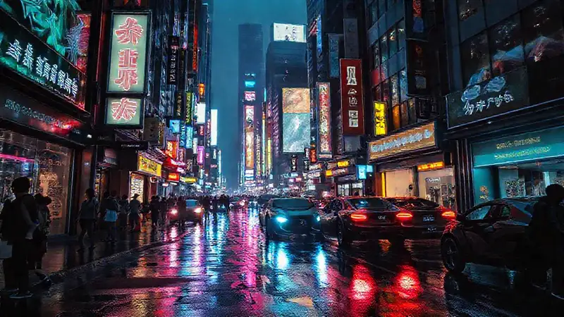 Ciudad cyberpunk vibrante, oscura y lluviosa