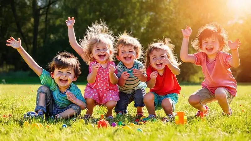Niños felices juegan al aire libre