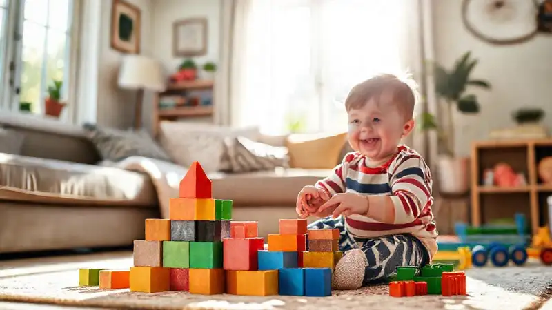 Un niño feliz juega en casa