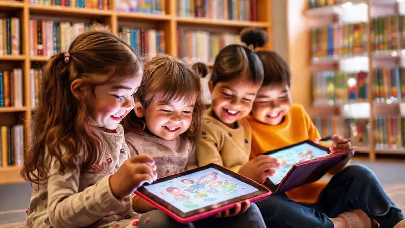 Niños leen libros digitales felices