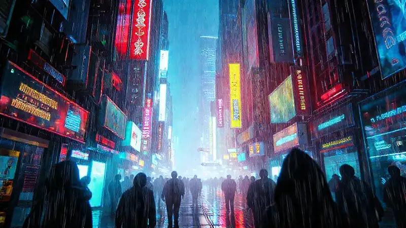 Ciudad cyberpunk, melancólica y digitalmente fragmentada
